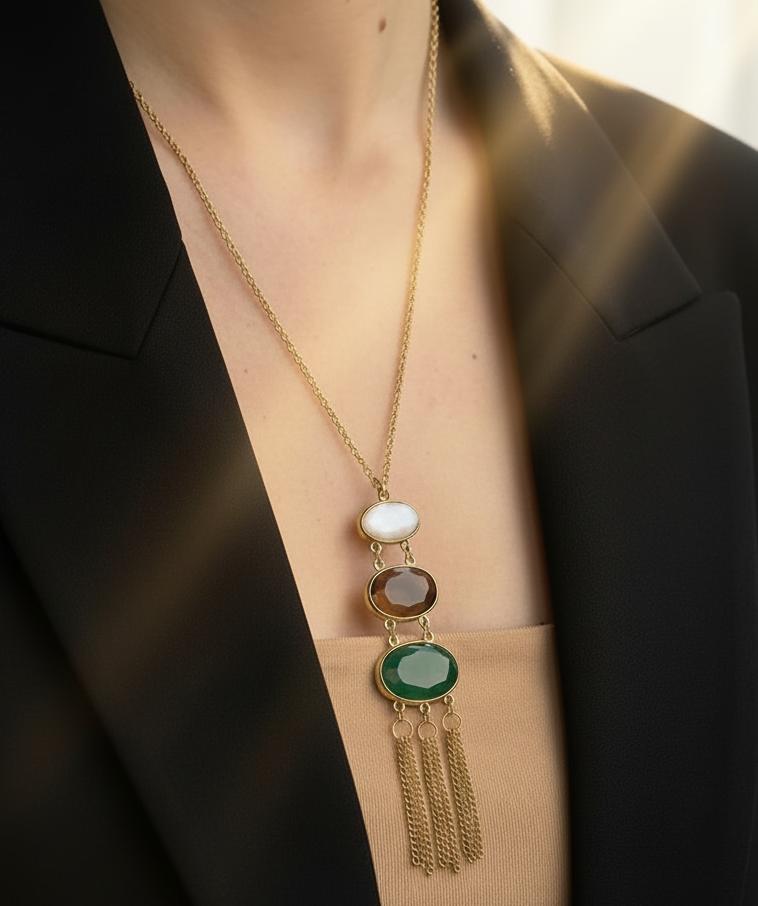 Multi stone long necklace with tassels