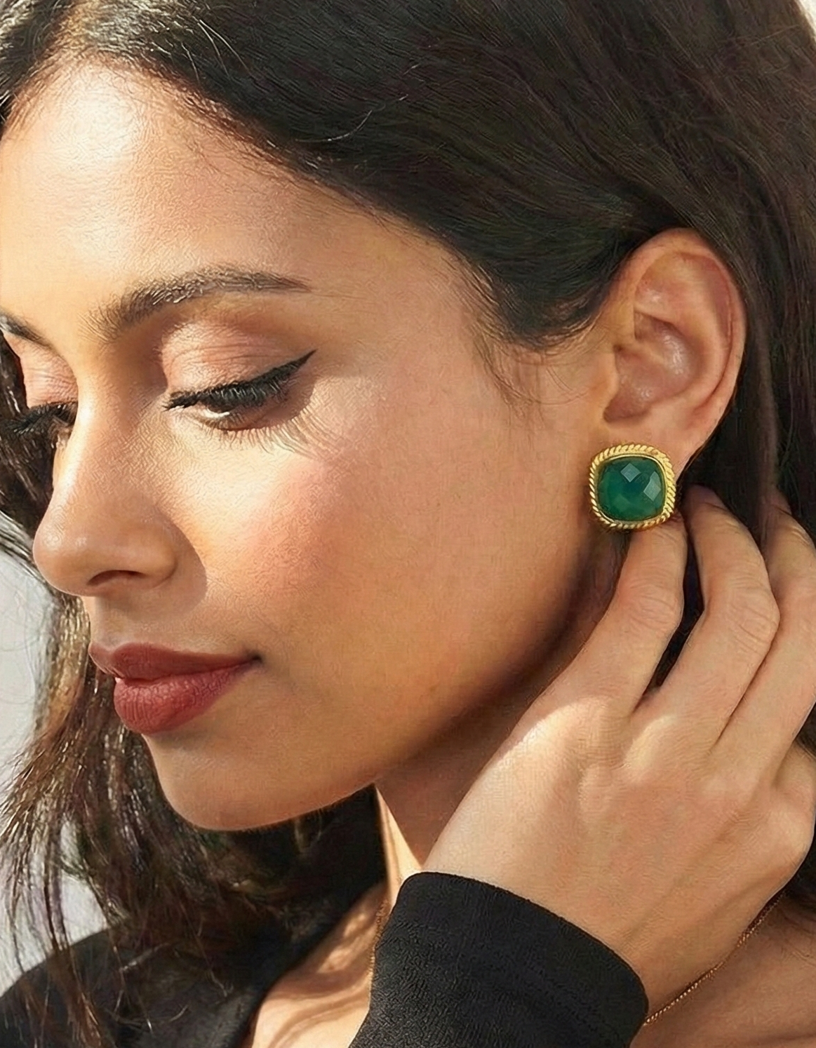 Large 18k Gold plated Green Onyx Studs