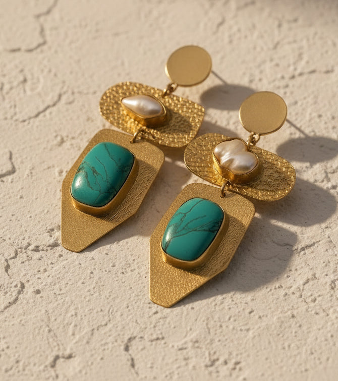 Fresh Water Pearl and Turquoise Statement Earrings