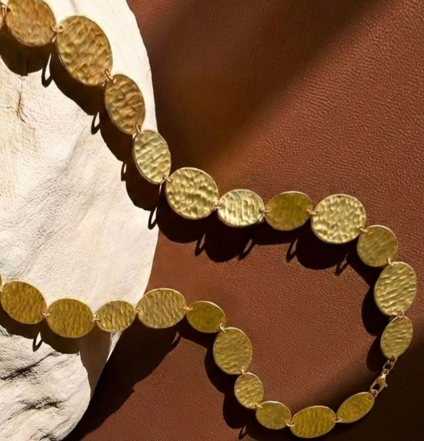 Hammered Brass Long Statement Necklace
