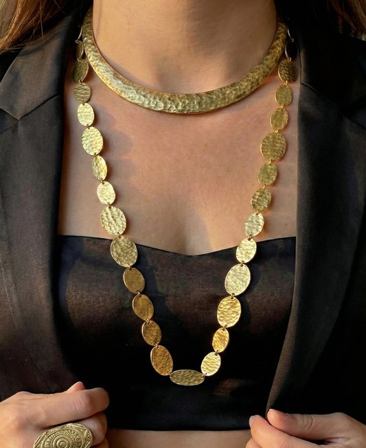 Hammered Brass Long Statement Necklace