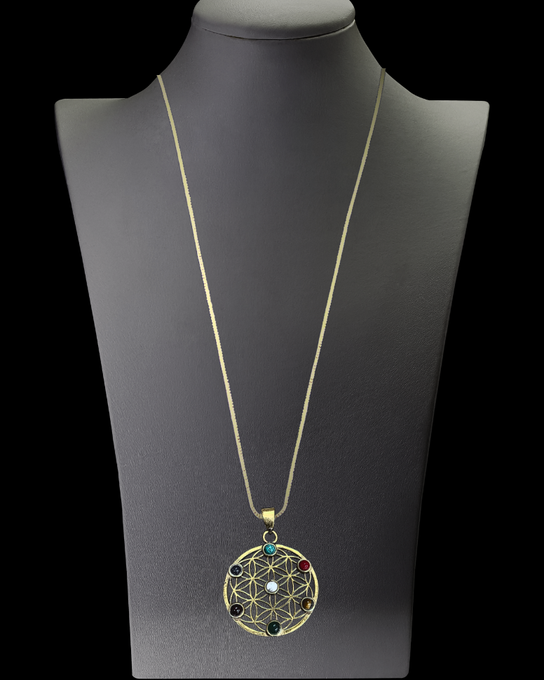 Large size flower of life pendant embedded with 7 chakra stones
