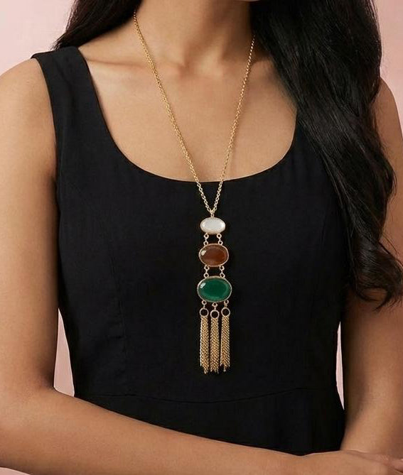 Multi stone long necklace with tassels