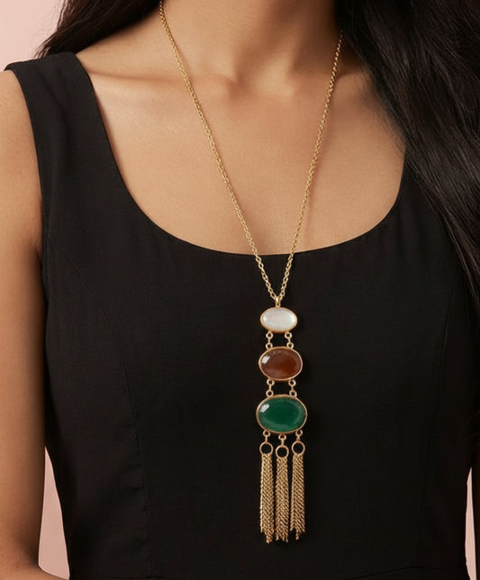 Multi stone long necklace with tassels