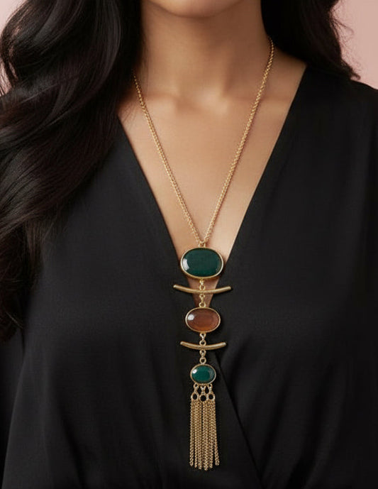 Multi Stone long necklace with tassels- Design 2